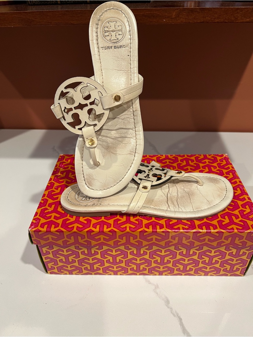 Tory Burch Cream Miller Logo Thong Sandals